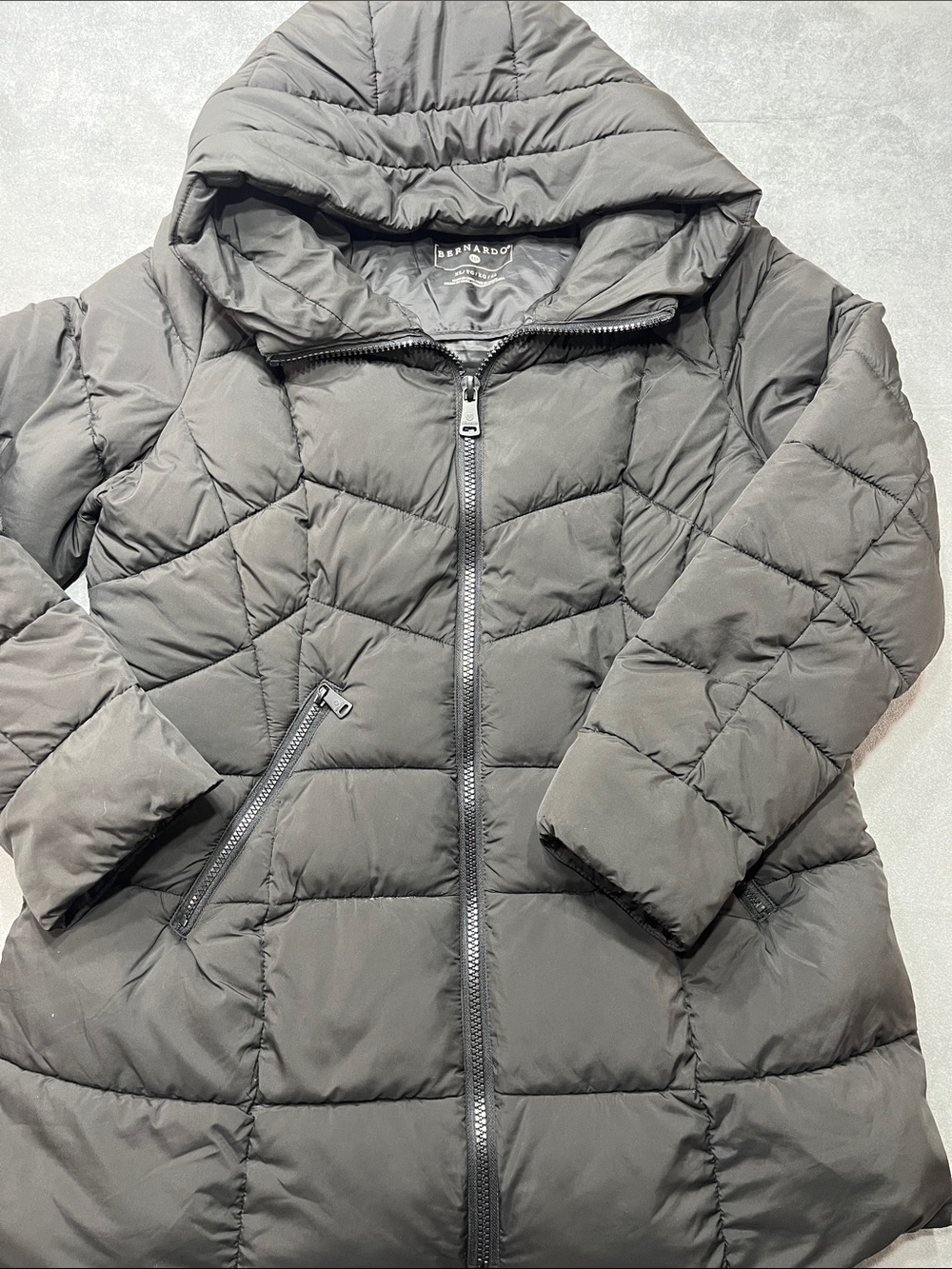 Bernardo Black Hooded Puffer Coat XL EcoPlume Quilted Winter Jacket Zip